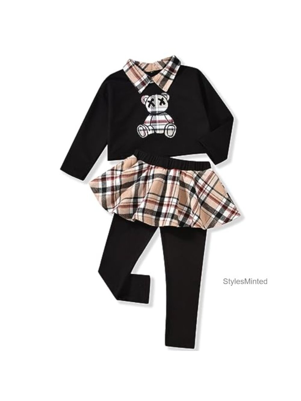 Toddler Girl Sweatshirt and Plaid Skirt Leggings Set Fall Winter Outfit